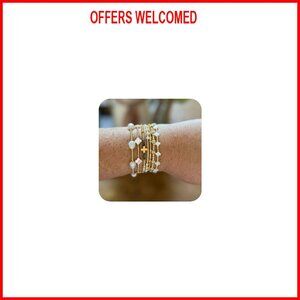 Gold Plated Beaded Pearl Bracelet Stack, Handmade Boho Stretch Jewelry Gift